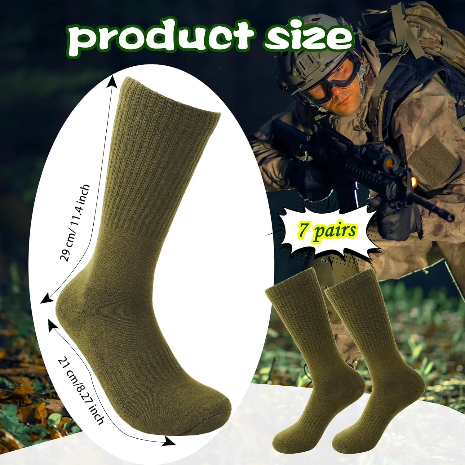 7 Pairs Men's Military Boot Socks Army Green Thickened Warm Military Crew Socks for Adult Working Outdoor Activities