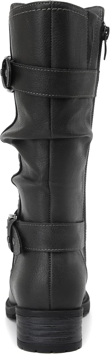 DECARSDZ Women's Fashion Mid Calf Black Boots For Women Dress Boot With Chunky Low Heel Style Zipper Comfort Booties