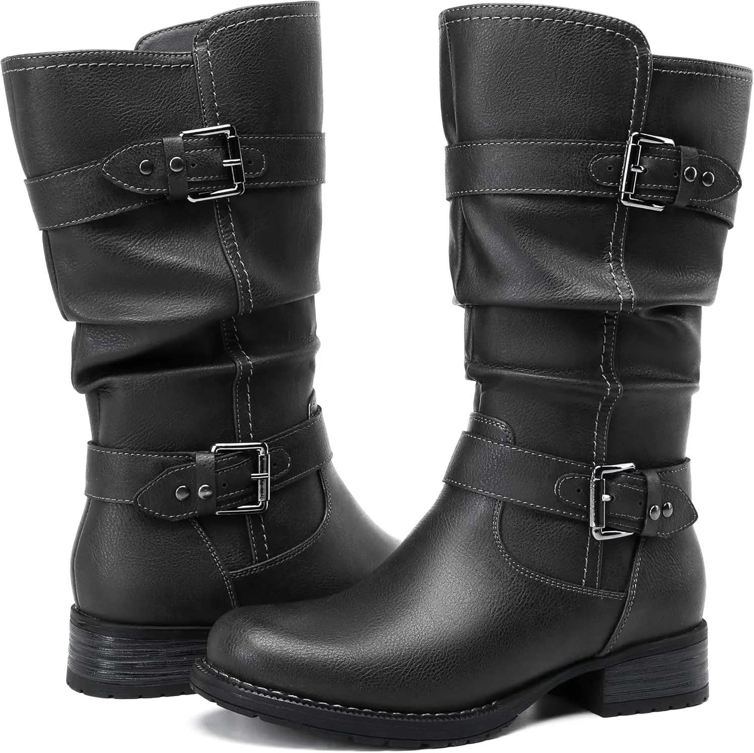 DECARSDZ Women's Fashion Mid Calf Black Boots For Women Dress Boot With Chunky Low Heel Style Zipper Comfort Booties