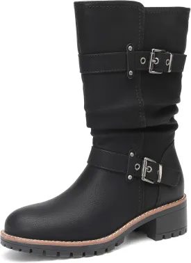 DECARSDZ Women's Mid-Calf Boots Fashion Classic Comfy Biker Motorcycle Riding Low Heel Dress Boot Shoes
