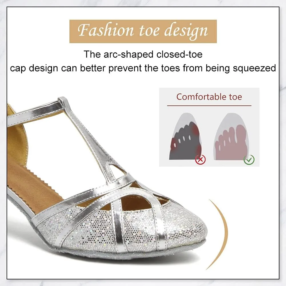 DKZSYIM Glitter Women Latin Dance Shoes Closed Toe Ballroom Salsa Tango Practice Performence Party Dancing Shoes,Model N511