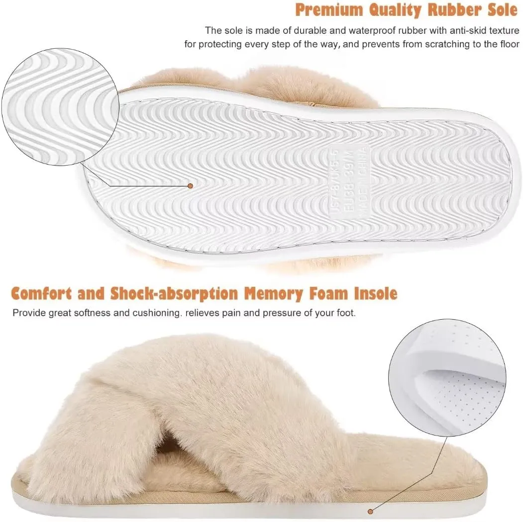 DOIOWN Women's Fuzzy Slippers Memory Foam Cute House Slippers Plush Fluffy Furry Open Toe Home Shoes Bridal Bridesmaid Gifts for Wedding