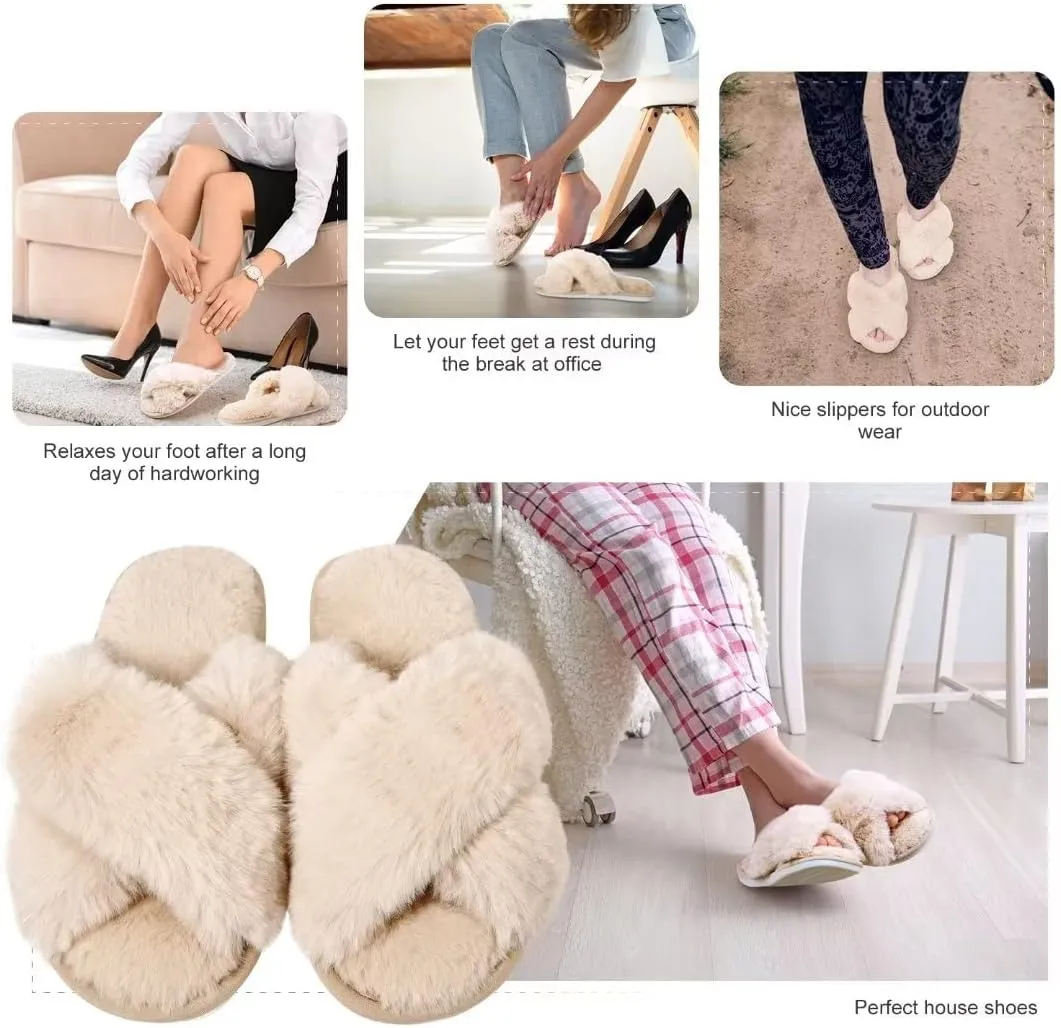 DOIOWN Women's Fuzzy Slippers Memory Foam Cute House Slippers Plush Fluffy Furry Open Toe Home Shoes Bridal Bridesmaid Gifts for Wedding