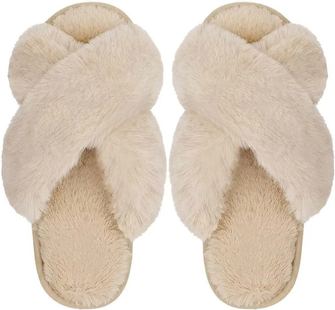 DOIOWN Women's Fuzzy Slippers Memory Foam Cute House Slippers Plush Fluffy Furry Open Toe Home Shoes Bridal Bridesmaid Gifts for Wedding