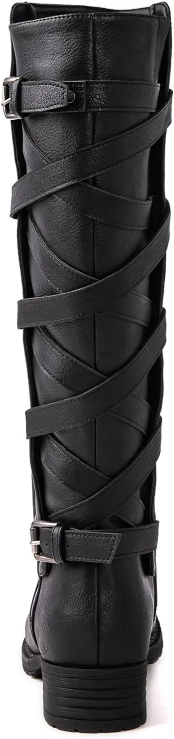 GLOBALWIN Women's Quilted Knee High Fashion Boots Strappy Boots For Women