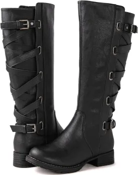 GLOBALWIN Women's Quilted Knee High Fashion Boots Strappy Boots For Women