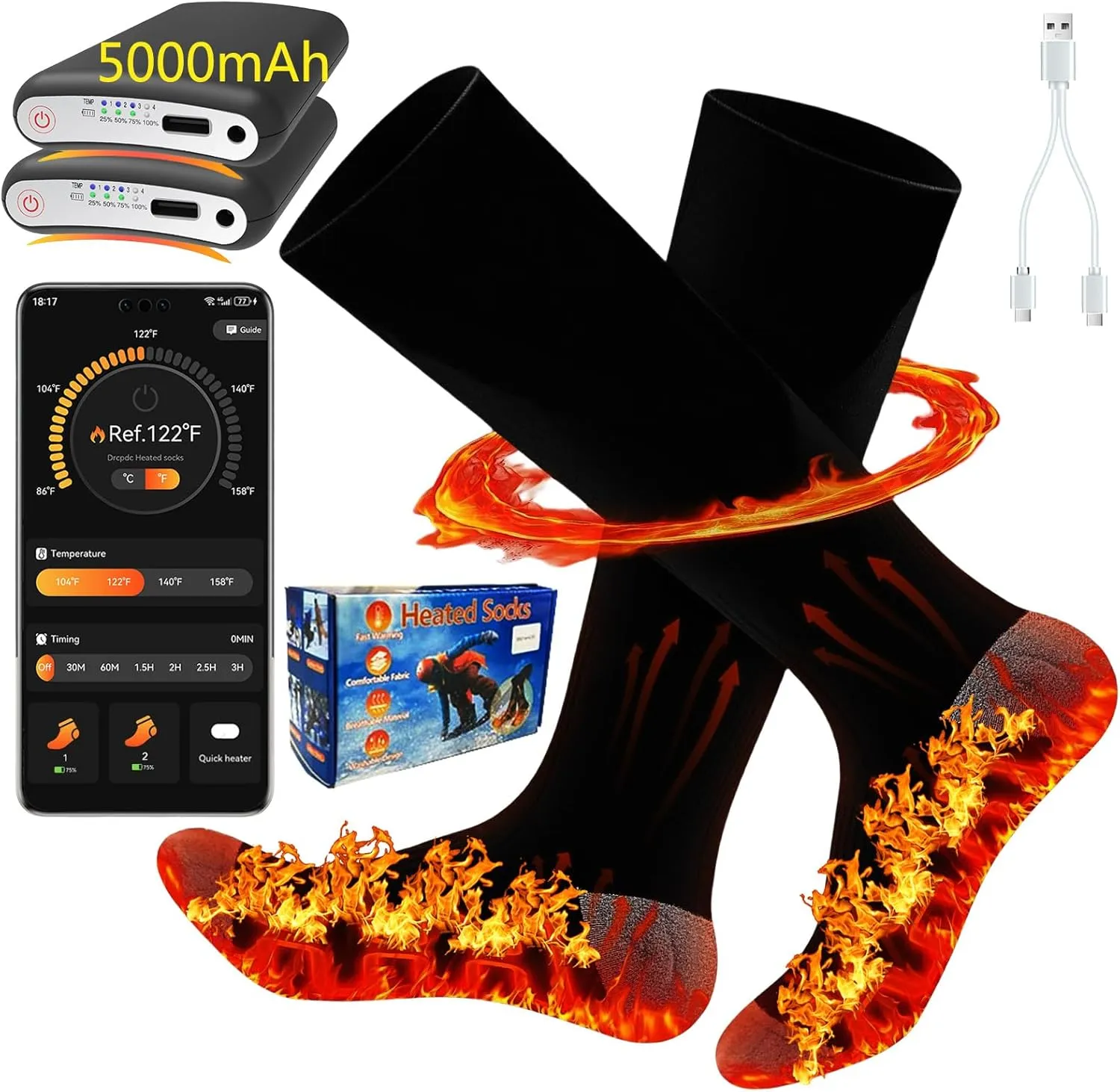 Heated Socks for Men & Women with App Control 5000mAh*2 Rechargeable Electric Heated Socks Up to 9 Hours Washable Warm Socks for Outdoors Work Skiing Hunting Riding Cycling Hiking Camping Xmas Gifts