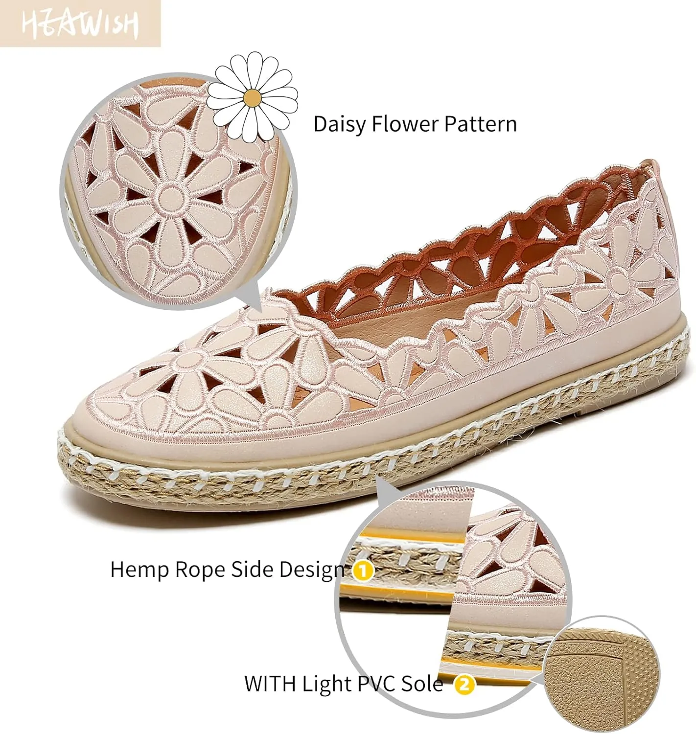 HEAWISH Womens Ballet Flat Daisy Round Toe Dress Shoes Casual Slip On Rope Loafer
