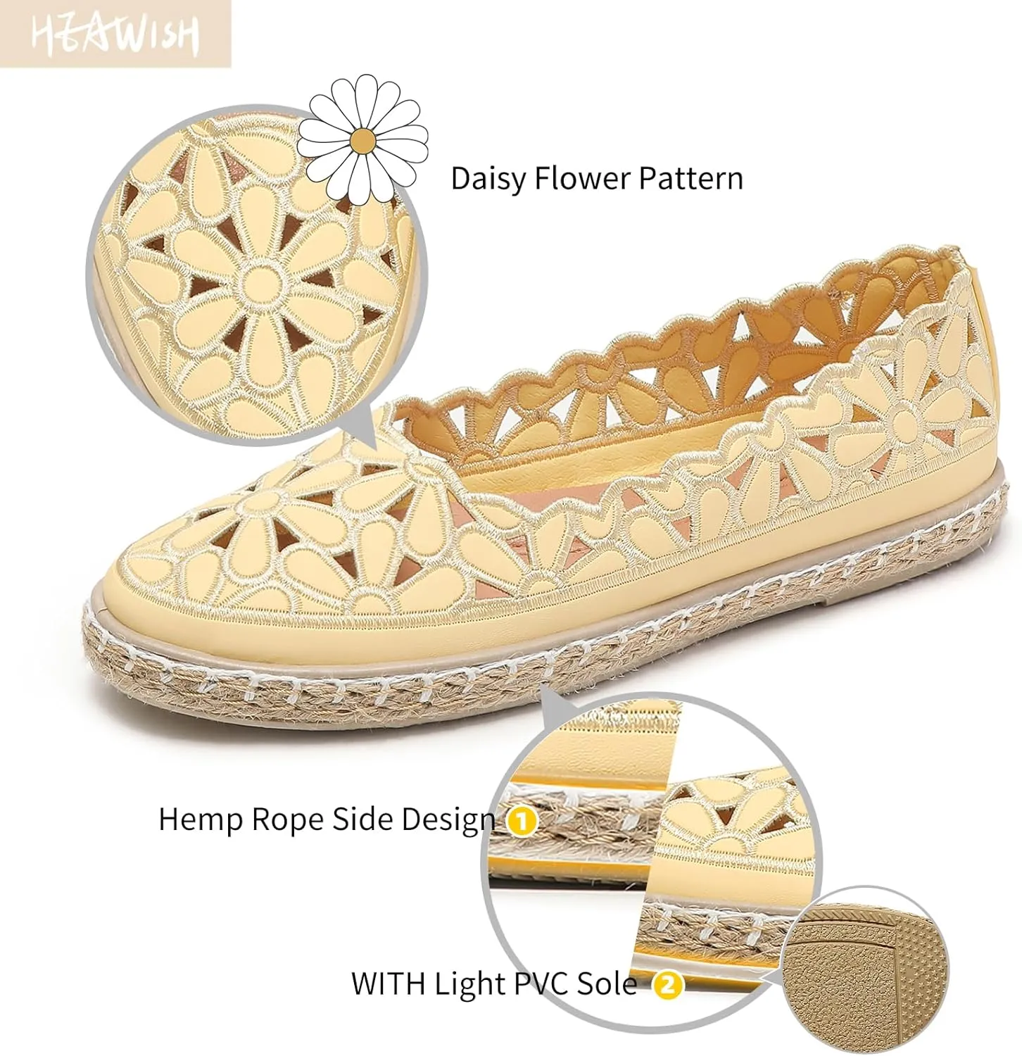 HEAWISH Womens Ballet Flat Daisy Round Toe Dress Shoes Casual Slip On Rope Loafer