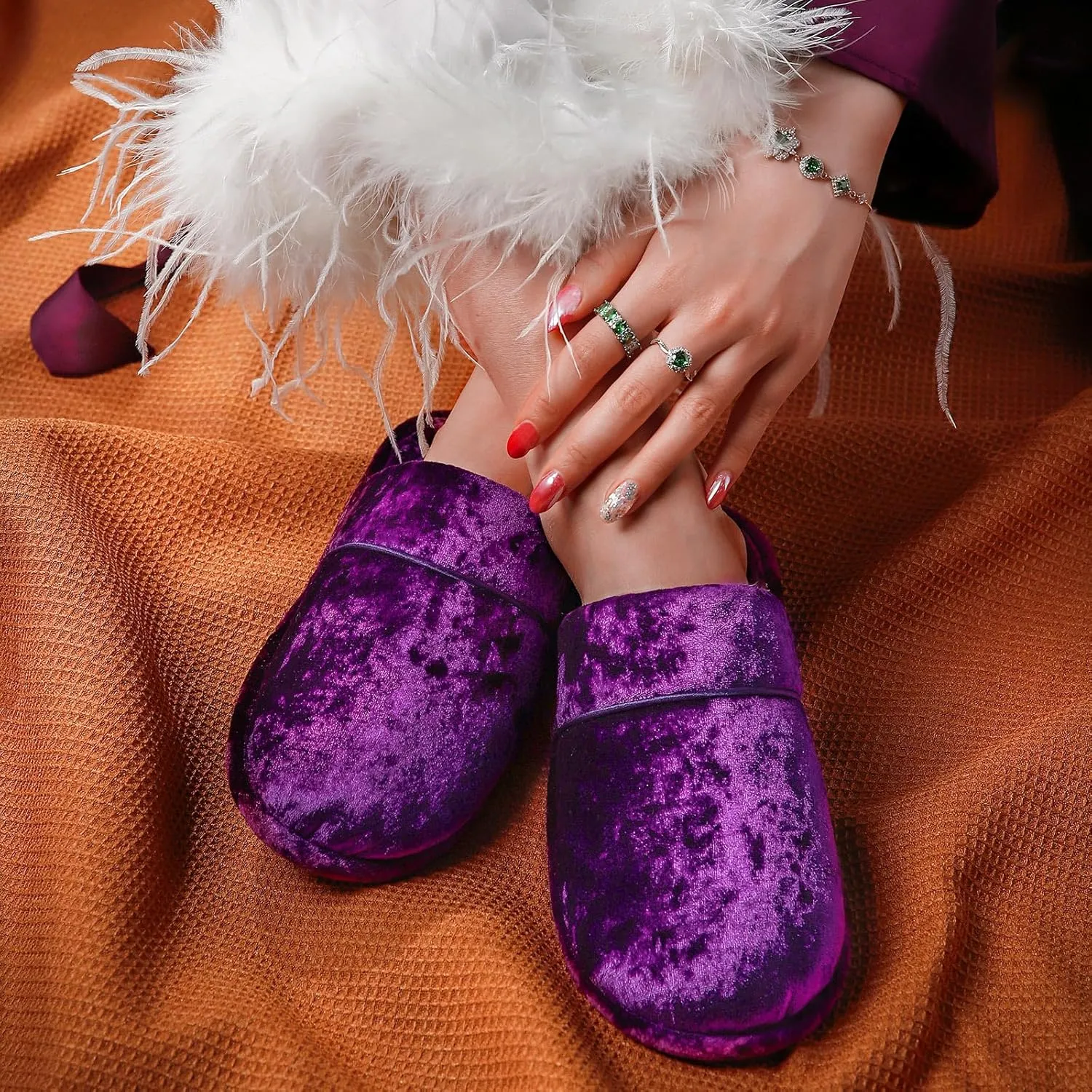 HomeTop Women's Luxury Diamond Velvet Memory Foam Scuff Slipper with Lightweight Rubber Sole