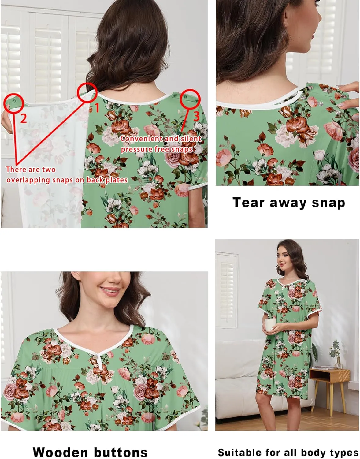 Hospital Gowns for Women Open Back Tear Away Snap Post Shoulder Surgery Short Sleeve Soft Cotton Adaptive Clothing