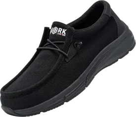 LARNMERN Non Slip Shoes Work Slip On Food Service Slip Resistant Shoe Kitchen Chef Loafers Boat Canvas Casual Walking Black