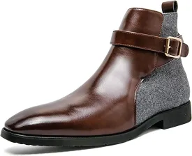 Men's Pointed Toe Slip on Chelsea Boots,Classic Leather Stitching Adjustment Buckle Retro High-top Dress Shoes Ankle Boots