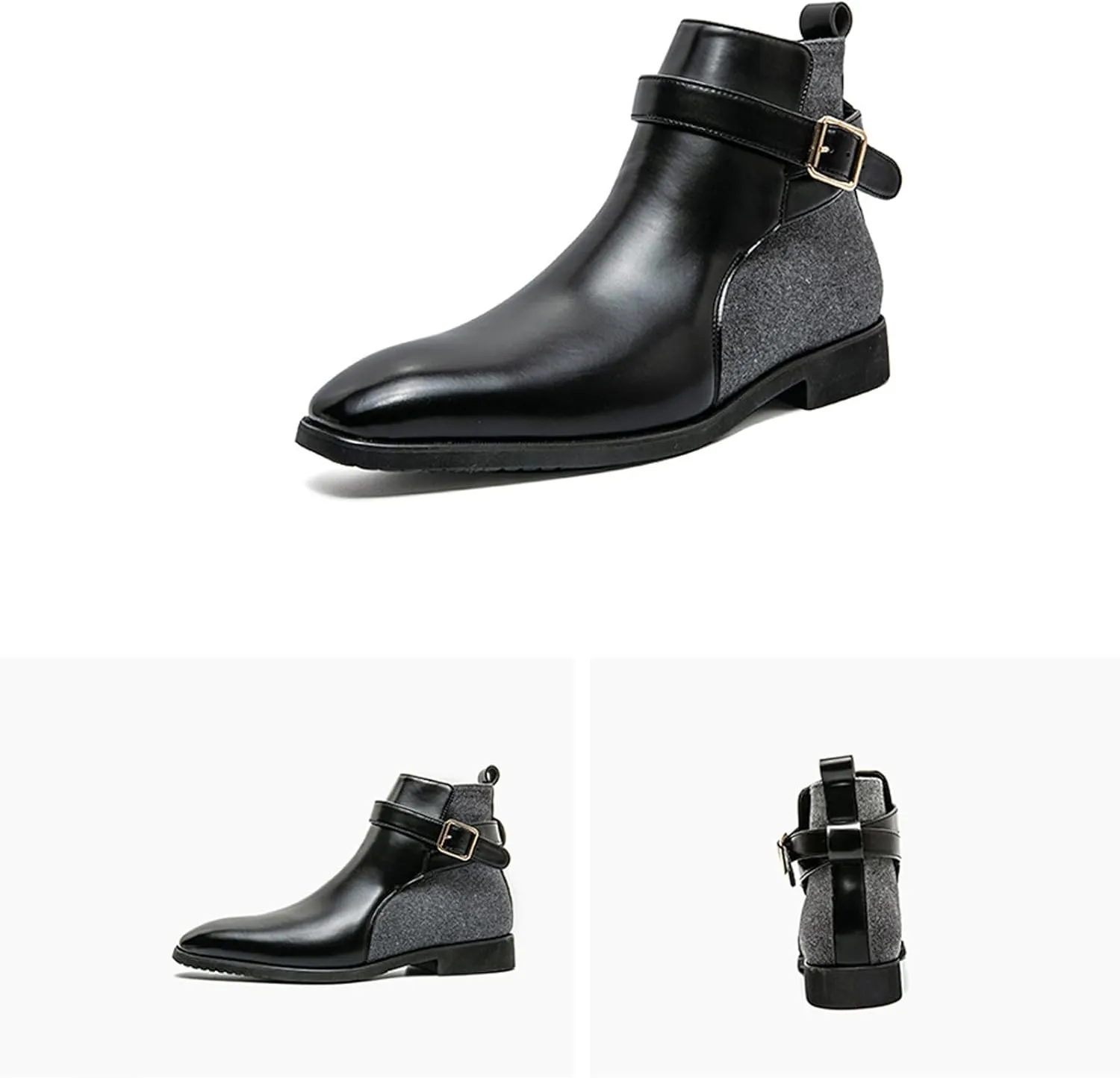 Men's Pointed Toe Slip on Chelsea Boots,Classic Leather Stitching Adjustment Buckle Retro High-top Dress Shoes Ankle Boots