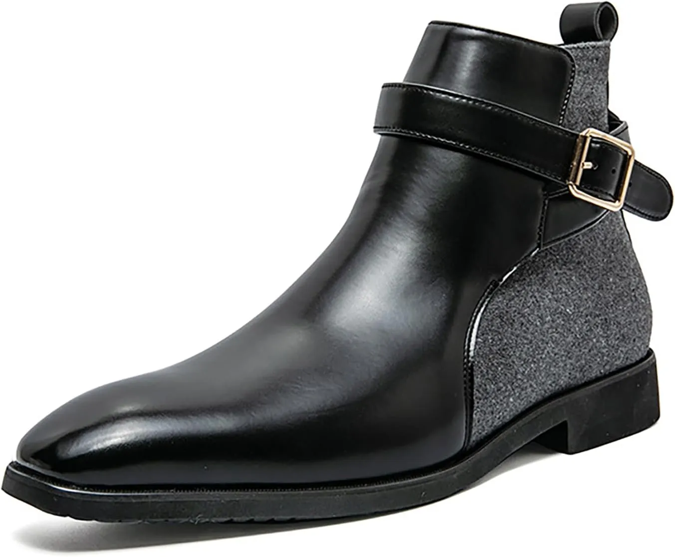 Men's Pointed Toe Slip on Chelsea Boots,Classic Leather Stitching Adjustment Buckle Retro High-top Dress Shoes Ankle Boots