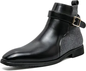 Men's Pointed Toe Slip on Chelsea Boots,Classic Leather Stitching Adjustment Buckle Retro High-top Dress Shoes Ankle Boots
