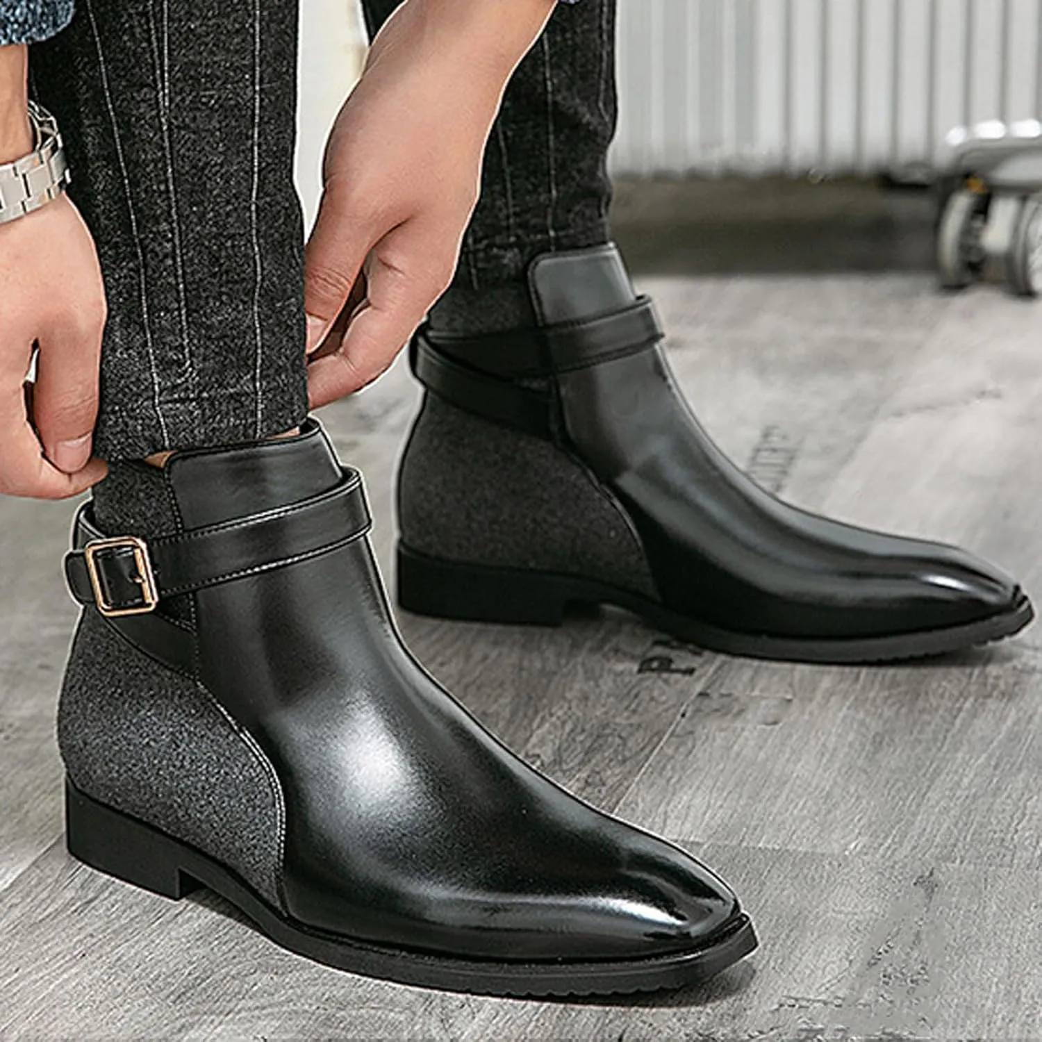 Men's Pointed Toe Slip on Chelsea Boots,Classic Leather Stitching Adjustment Buckle Retro High-top Dress Shoes Ankle Boots
