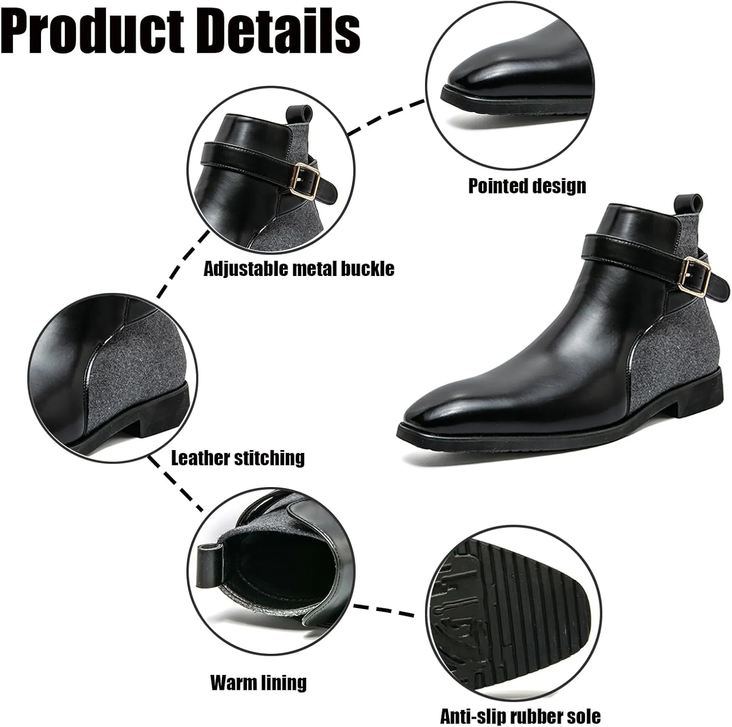 Men's Pointed Toe Slip on Chelsea Boots,Classic Leather Stitching Adjustment Buckle Retro High-top Dress Shoes Ankle Boots