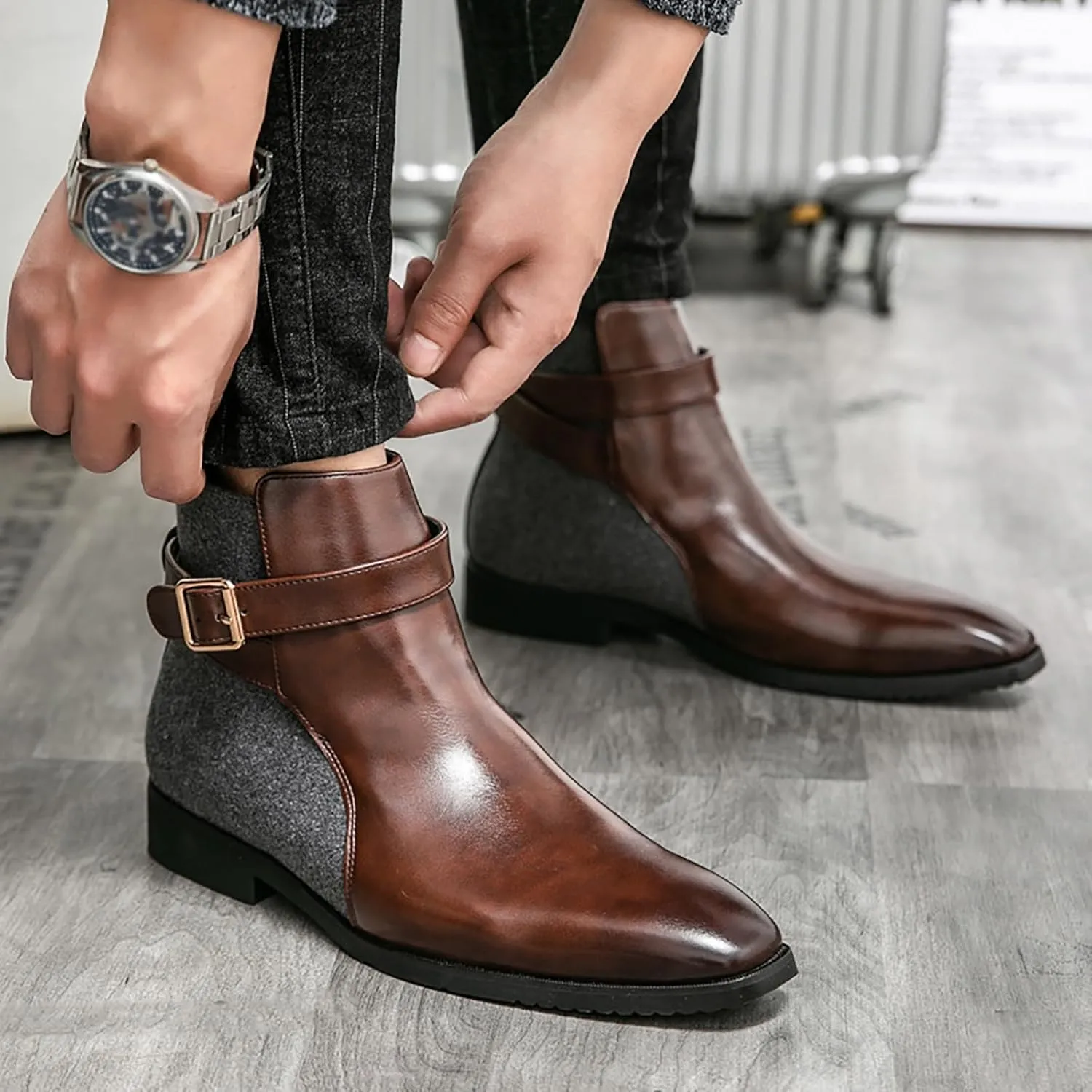 Men's Pointed Toe Slip on Chelsea Boots,Classic Leather Stitching Adjustment Buckle Retro High-top Dress Shoes Ankle Boots
