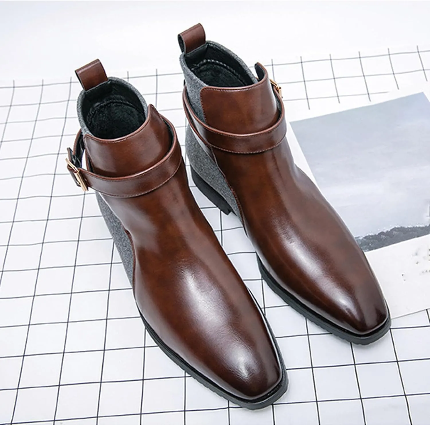 Men's Pointed Toe Slip on Chelsea Boots,Classic Leather Stitching Adjustment Buckle Retro High-top Dress Shoes Ankle Boots