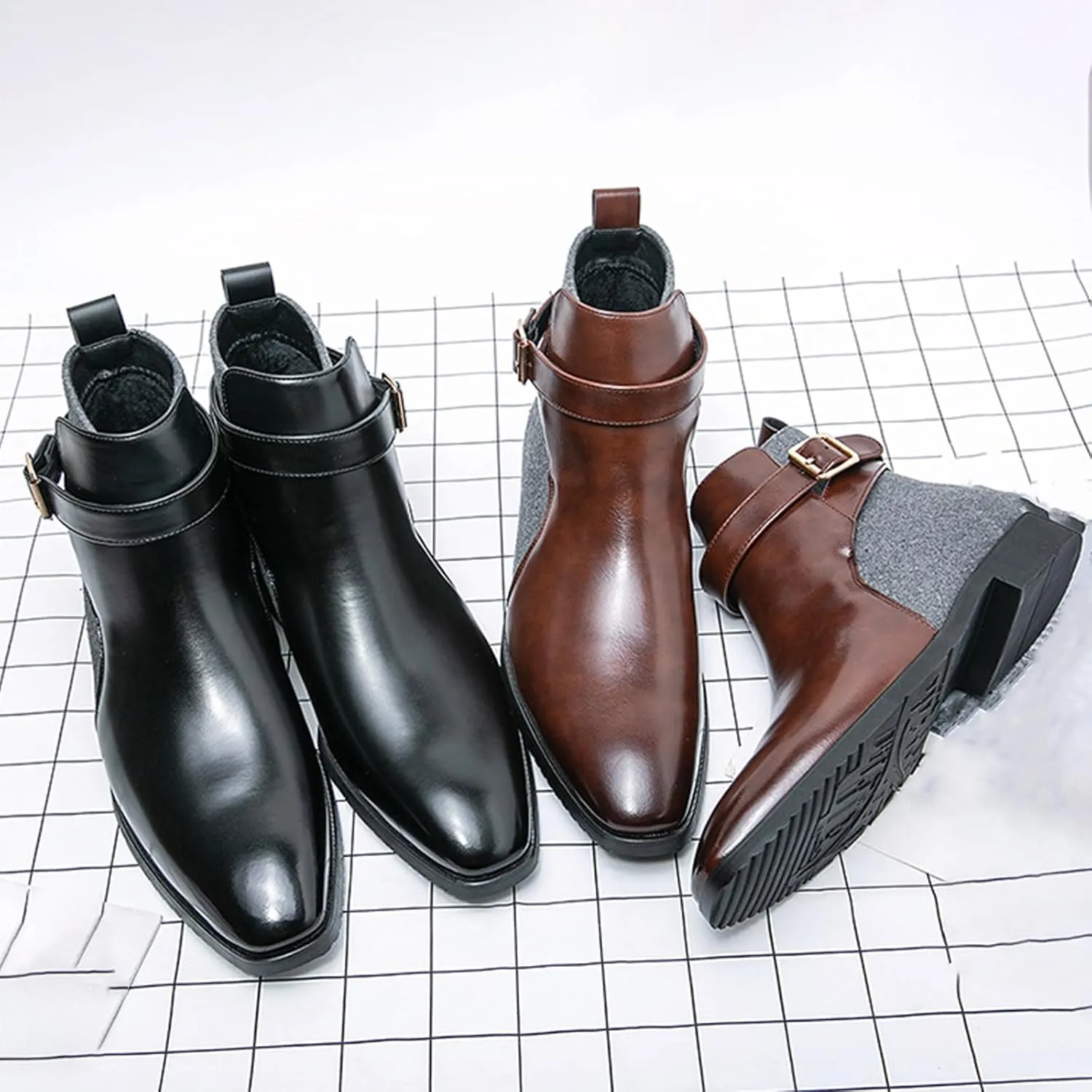Men's Pointed Toe Slip on Chelsea Boots,Classic Leather Stitching Adjustment Buckle Retro High-top Dress Shoes Ankle Boots