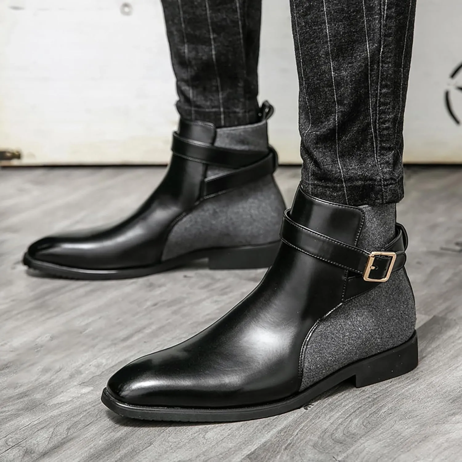 Men's Pointed Toe Slip on Chelsea Boots,Classic Leather Stitching Adjustment Buckle Retro High-top Dress Shoes Ankle Boots