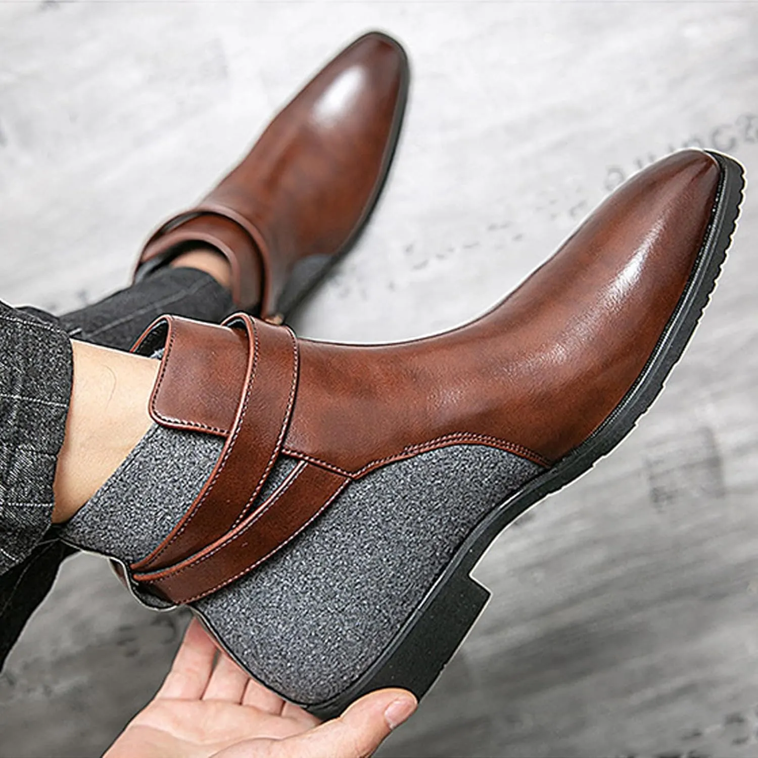 Men's Pointed Toe Slip on Chelsea Boots,Classic Leather Stitching Adjustment Buckle Retro High-top Dress Shoes Ankle Boots