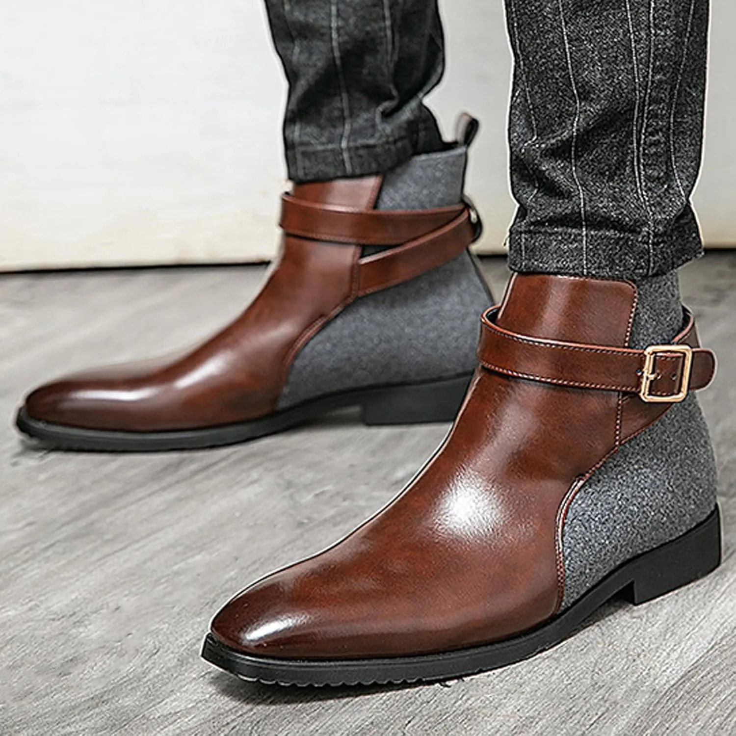 Men's Pointed Toe Slip on Chelsea Boots,Classic Leather Stitching Adjustment Buckle Retro High-top Dress Shoes Ankle Boots