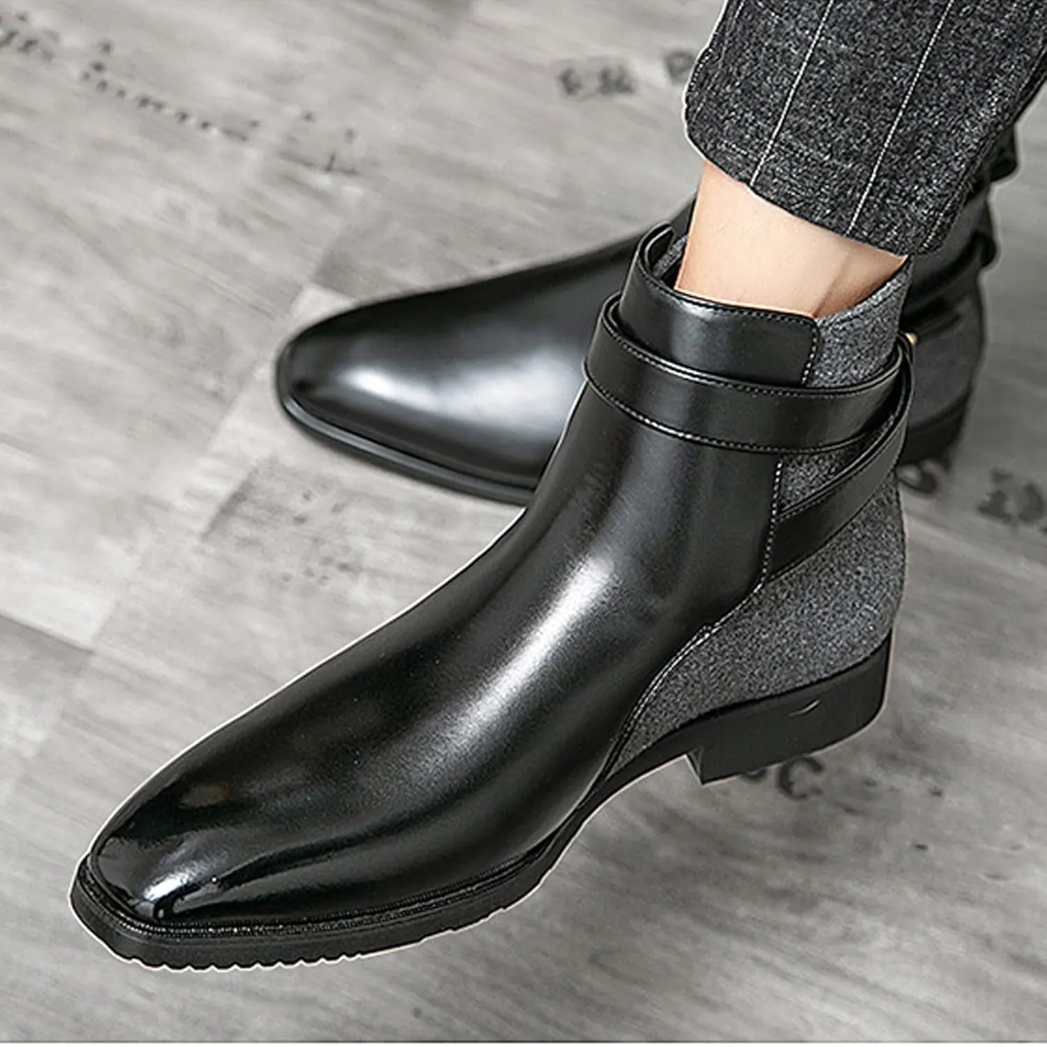Men's Pointed Toe Slip on Chelsea Boots,Classic Leather Stitching Adjustment Buckle Retro High-top Dress Shoes Ankle Boots