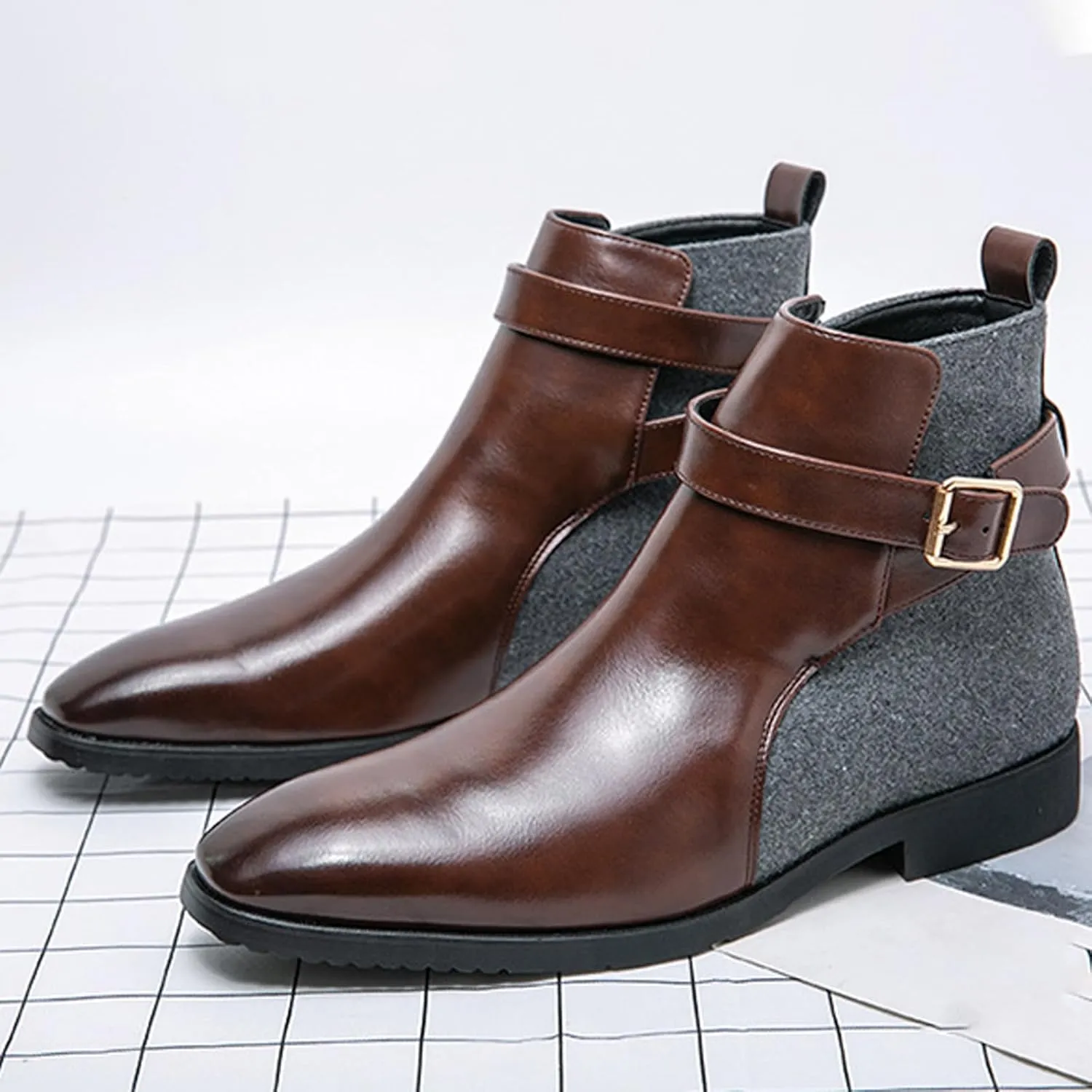 Men's Pointed Toe Slip on Chelsea Boots,Classic Leather Stitching Adjustment Buckle Retro High-top Dress Shoes Ankle Boots