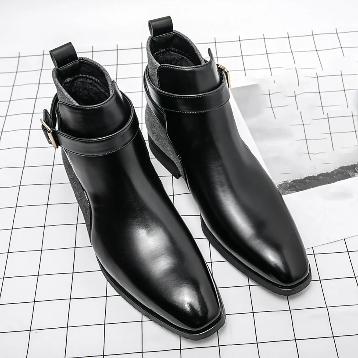 Men's Pointed Toe Slip on Chelsea Boots,Classic Leather Stitching Adjustment Buckle Retro High-top Dress Shoes Ankle Boots