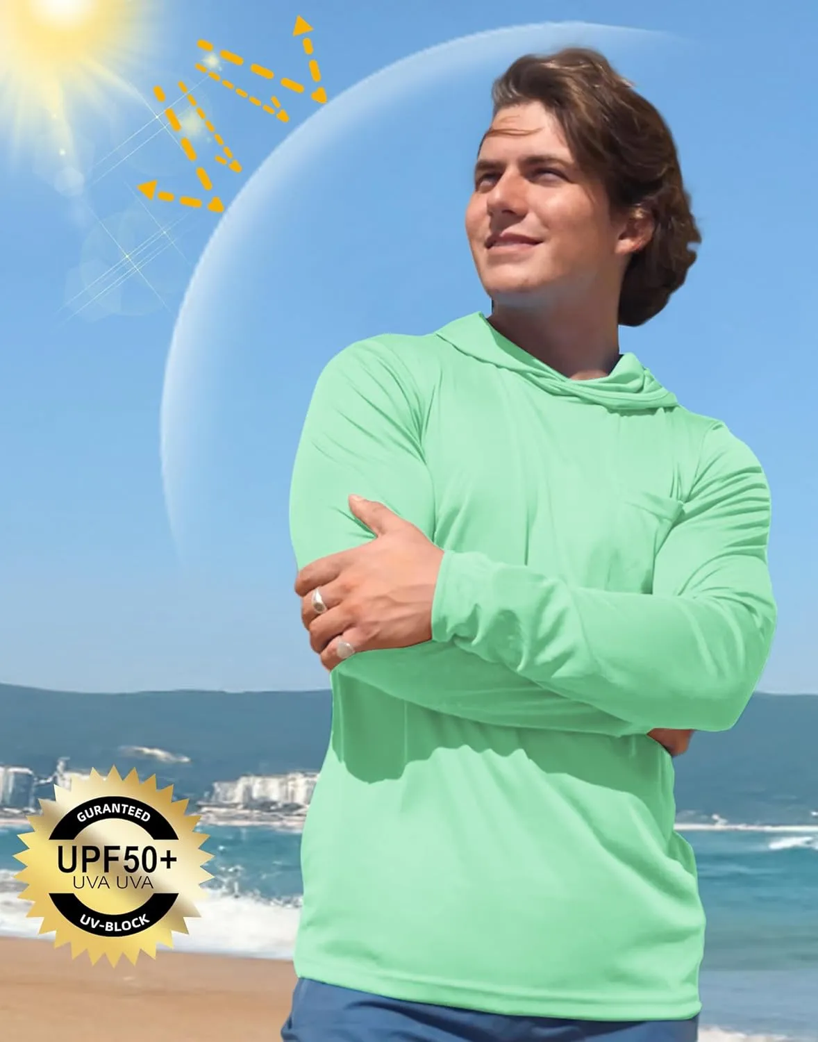Men's Sun Protection Shirts UPF 50  Long Sleeve Hoodie with 2 Pockets UV SPF Fishing Hiking Rash Guard Shirts