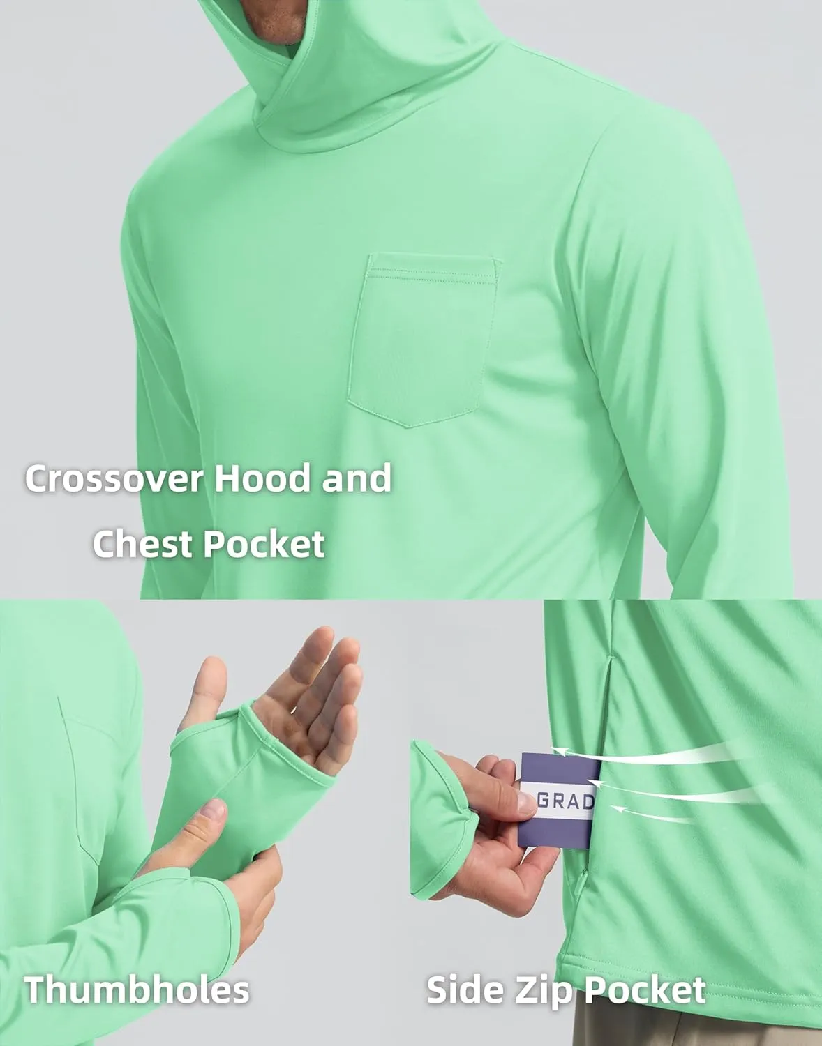 Men's Sun Protection Shirts UPF 50  Long Sleeve Hoodie with 2 Pockets UV SPF Fishing Hiking Rash Guard Shirts