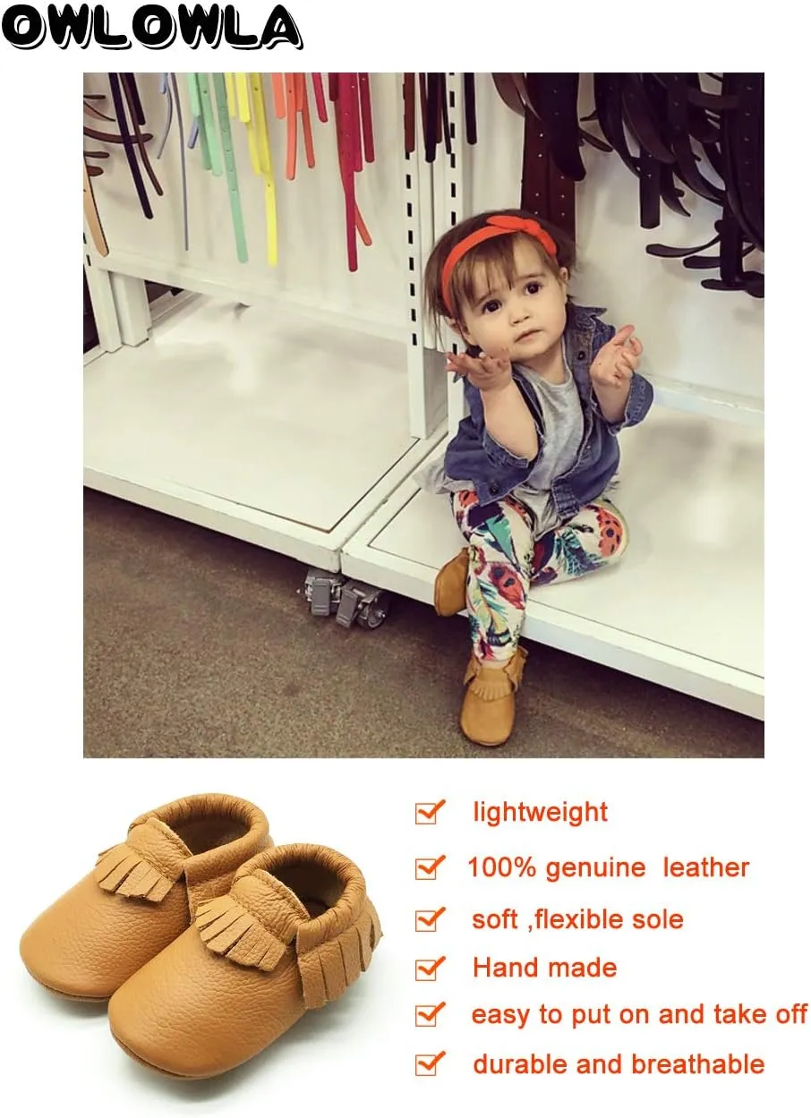 OWLOWLA Baby Moccasins Soft Sole Leather Baby Shoes Infant Toddler Pre-Walker Shoes Baby Boy Girl