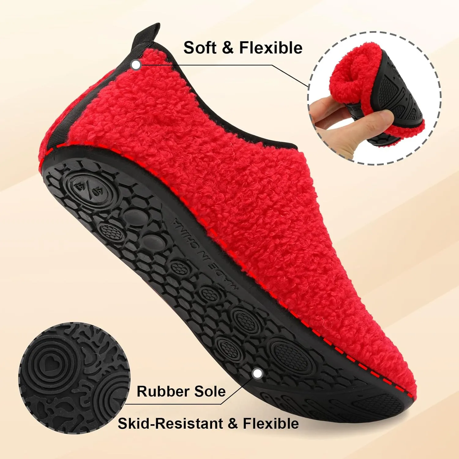 QFH Womens & Mens Cozy House Slippers - Portable Travel Shoes with Flexible Rubber Sole & Soft Velvet Lining