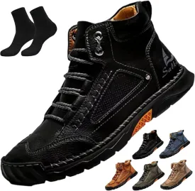 Sawbehind Mens Boots,Sawbehind Leather Shoes, Men's Comfortable Handmade Leather Boots  Waterproof, Outdoor Arch Support Orthopedics Ankle Shoes