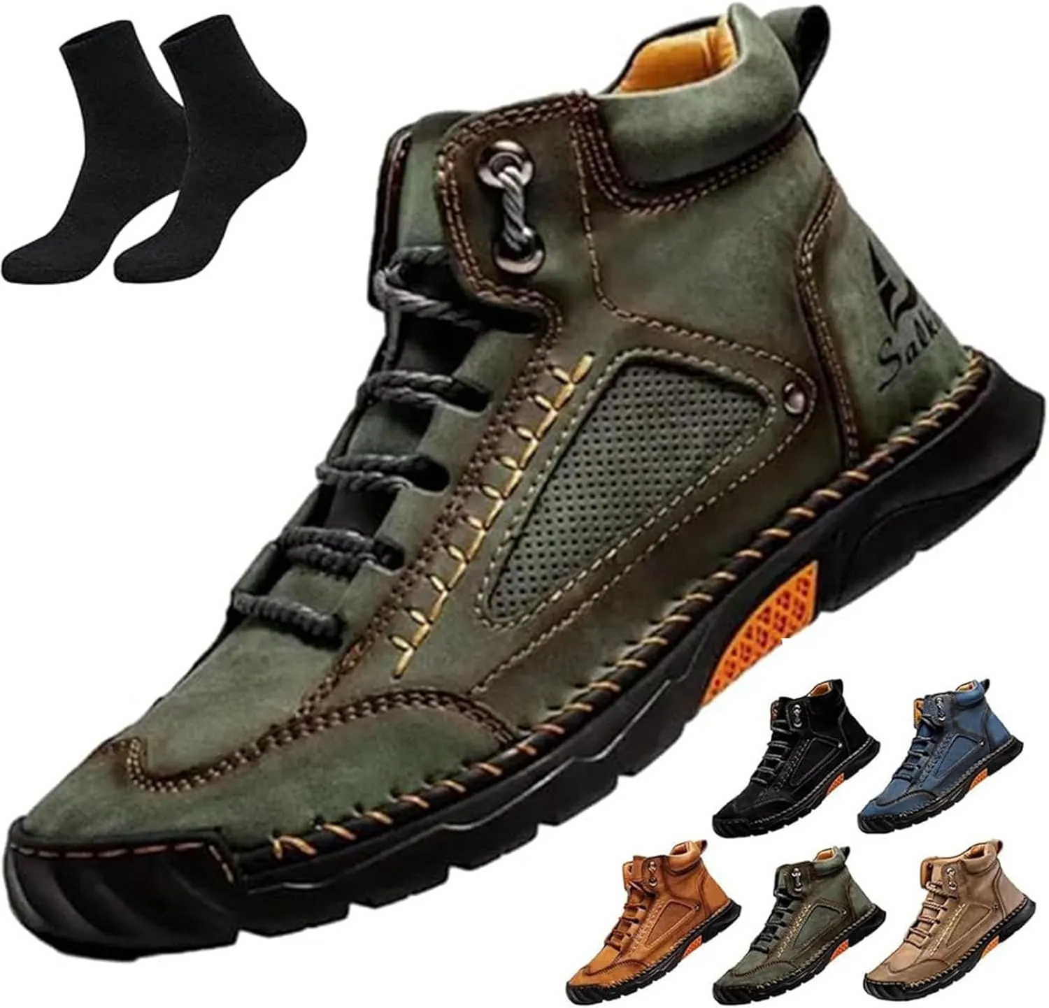 Sawbehind Mens Boots,Sawbehind Leather Shoes, Men's Comfortable Handmade Leather Boots  Waterproof, Outdoor Arch Support Orthopedics Ankle Shoes