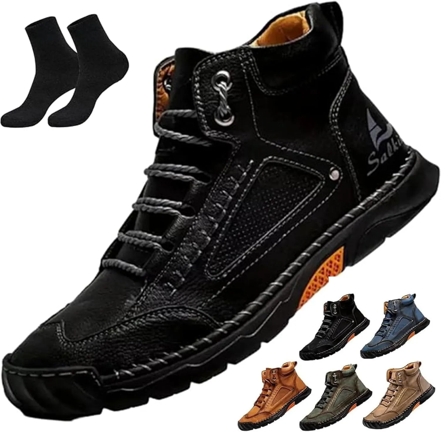 Sawbehind Mens Boots,Sawbehind Leather Shoes, Men's Comfortable Handmade Leather Boots  Waterproof, Outdoor Arch Support Orthopedics Ankle Shoes