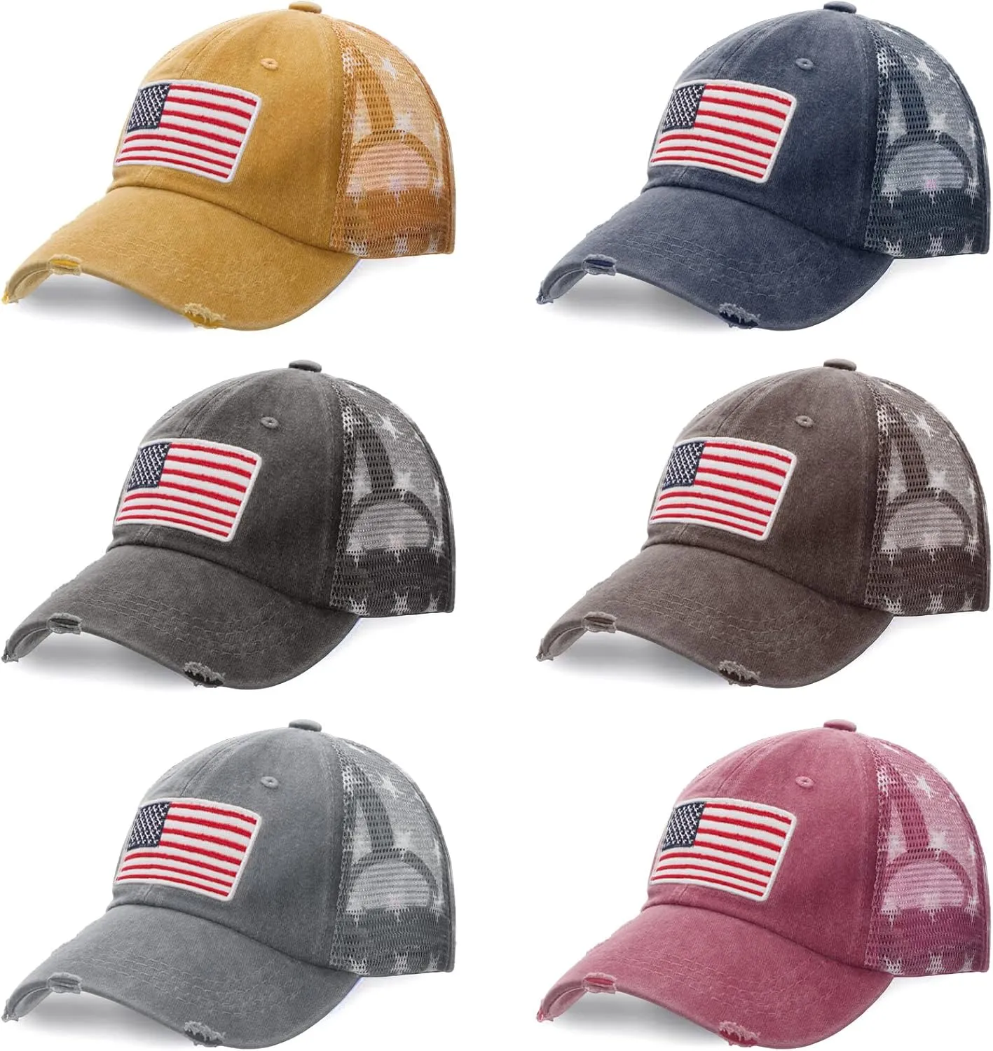 Tarpop 6 Pcs American Flag Baseball Cap Tactical USA Flag Hats Adjustable Washed Us Flag Cap for Men Women