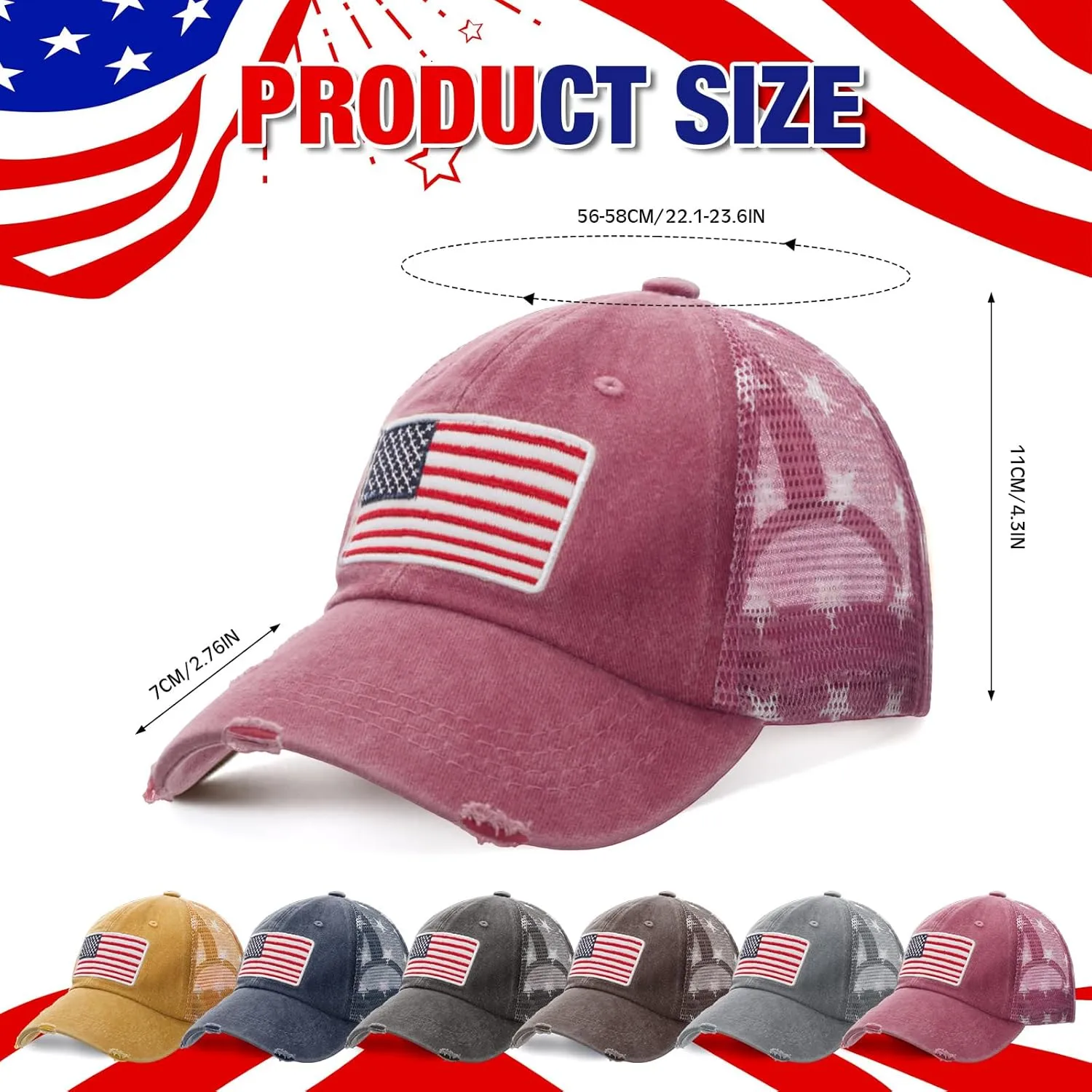 Tarpop 6 Pcs American Flag Baseball Cap Tactical USA Flag Hats Adjustable Washed Us Flag Cap for Men Women