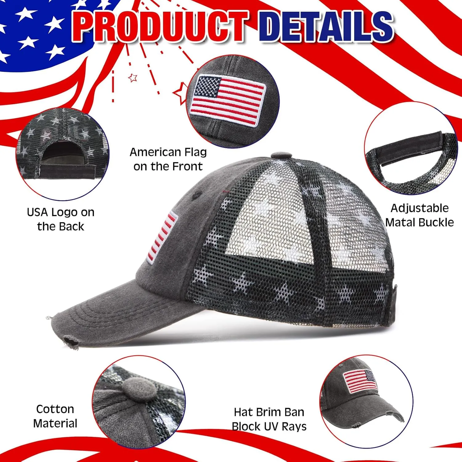 Tarpop 6 Pcs American Flag Baseball Cap Tactical USA Flag Hats Adjustable Washed Us Flag Cap for Men Women