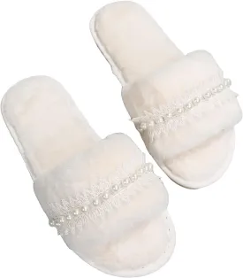 Verdusa Women's Pearls Open Toe Fuzzy House Slippers Faux Fur Bedroom Shoes