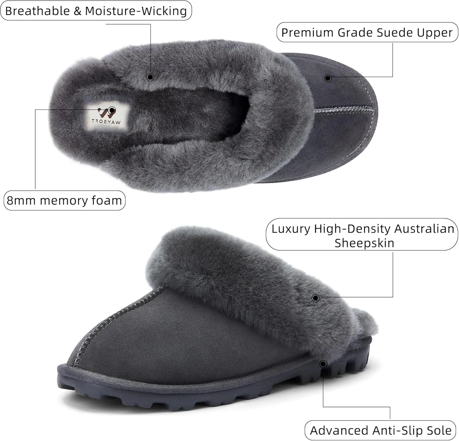 WaySoft Genuine Australian Sheepskin Women Slippers, 100% Shearling Hard Bottom Slippers for Women Indoor and Outdoor Warm Fuzzy Wool Slippers